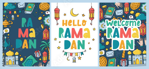 Set of Ramadan greeting cards, posters, prints, invitations decorated with doodles and lettering quotes. Eps 10