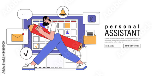 Business personal assistant online service or app. Remote worker helping with different tasks and paperwork. Professional help and support for manager. Task distribution or delegation.