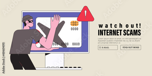 Internet fraud and scam concept. Online hackers at phishing, cyber crime, theft of personal bank or credit debit card information and money. Flat graphic vector illustration.