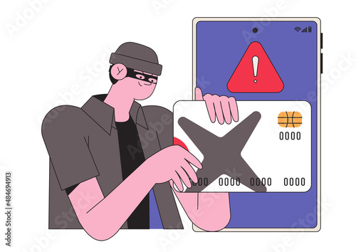 Internet fraud and scam concept. Online hackers at phishing, cyber crime, theft of personal bank or credit debit card information and money. Flat graphic vector illustration.