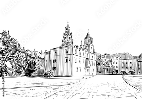 Poland. Krakow. Wawel castle. Hand drawn sketch. City vector illustration