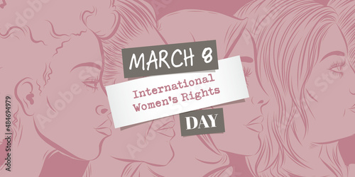 March 8 th - International womens rights day design - women faces diversity illustration banner