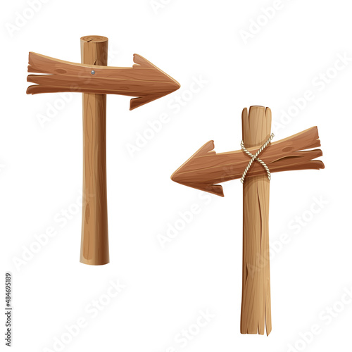 wooden arrow signs isolated on white. realistic guide post, road sign or pointer fastened with rope and nails. Rustic directional signs collection for game ui or ad design. Cartoon style illustration