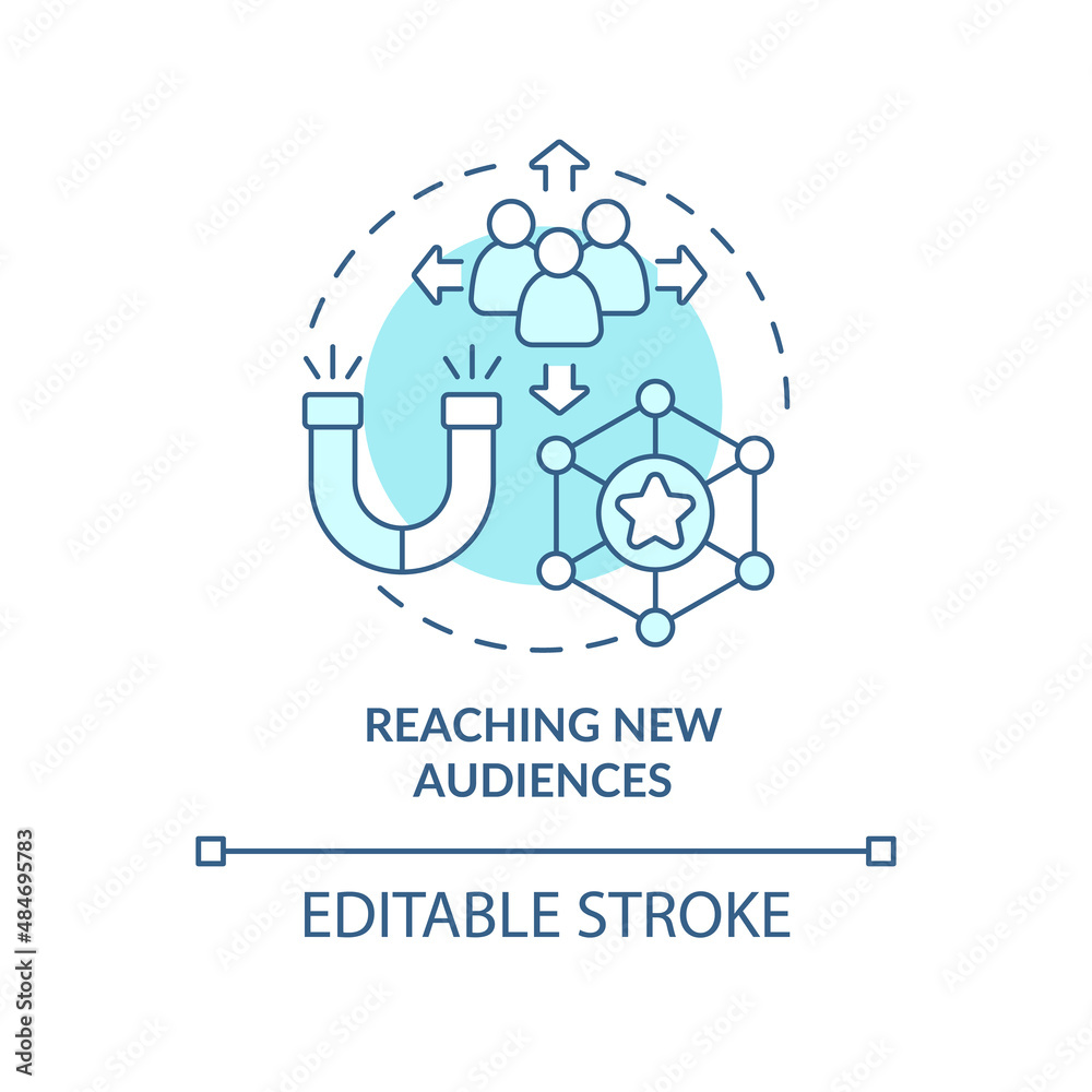 Reaching new audiences turquoise concept icon. Advertising event. SMM marketing trend abstract idea thin line illustration. Isolated outline drawing. Editable stroke. Arial, Myriad Pro-Bold fonts used Reaching new audiences turquoise concept icon. Advertising event. SMM marketing trend abstract idea thin line illustration. Isolated outline drawing. Editable stroke. Arial, Myriad Pro-Bold fonts used