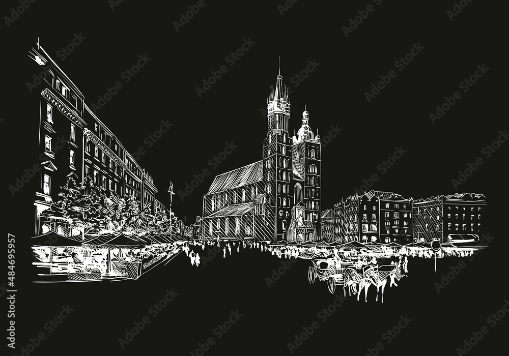 Obraz premium Poland. Krakow. St. Mary's church. Hand drawn sketch. City vector illustration