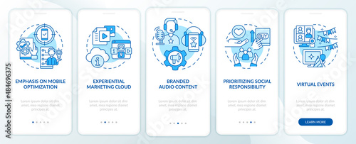 Marketing trends examples blue onboarding mobile app screen. Innovation walkthrough 5 steps graphic instructions pages with linear concepts. UI, UX, GUI template. Myriad Pro-Bold, Regular fonts used