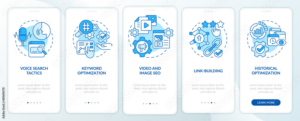 SEO marketing trends blue onboarding mobile app screen. Technology walkthrough 5 steps graphic instructions pages with linear concepts. UI, UX, GUI template. Myriad Pro-Bold, Regular fonts used