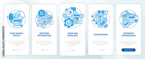 SEO marketing trends blue onboarding mobile app screen. Technology walkthrough 5 steps graphic instructions pages with linear concepts. UI, UX, GUI template. Myriad Pro-Bold, Regular fonts used
