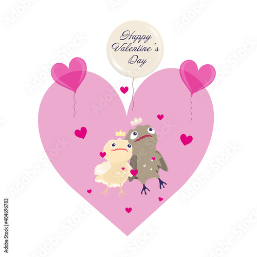 Greeting card of Happy Valentine's Day with funny cute birds, balloons and pink hearts.