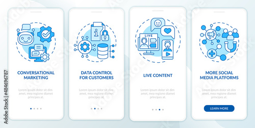 Modern marketing trends blue onboarding mobile app screen. Campaign walkthrough 4 steps graphic instructions pages with linear concepts. UI, UX, GUI template. Myriad Pro-Bold, Regular fonts used