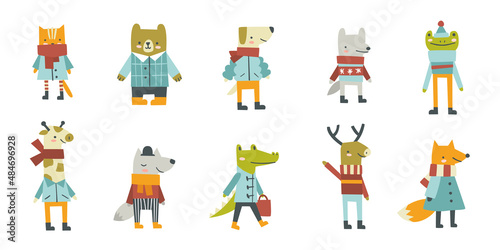 Cute doodle dressed animals set. Collection of cartoon mammals in warm clothes.