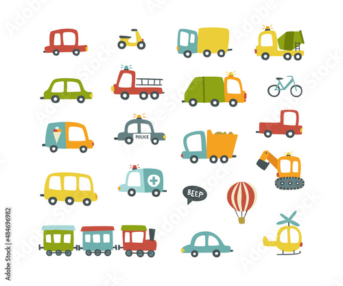 Cute baby vehicles set. Collection of hand drawn vector cars. Bundle of doodle transport.