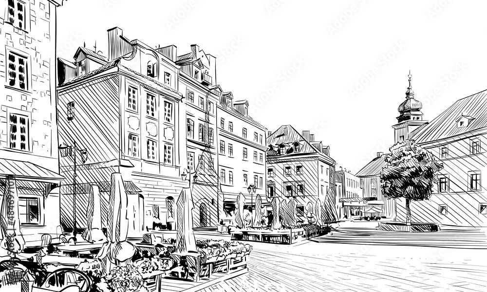 Poland. Warsaw. Palace Square hand drawn sketch. Unusual perspective. City vector illustration