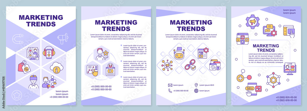Marketing trends purple brochure template. Advertise innovation. Leaflet design with linear icons. 4 vector layouts for presentation, annual reports. Arial-Black, Myriad Pro-Regular fonts used