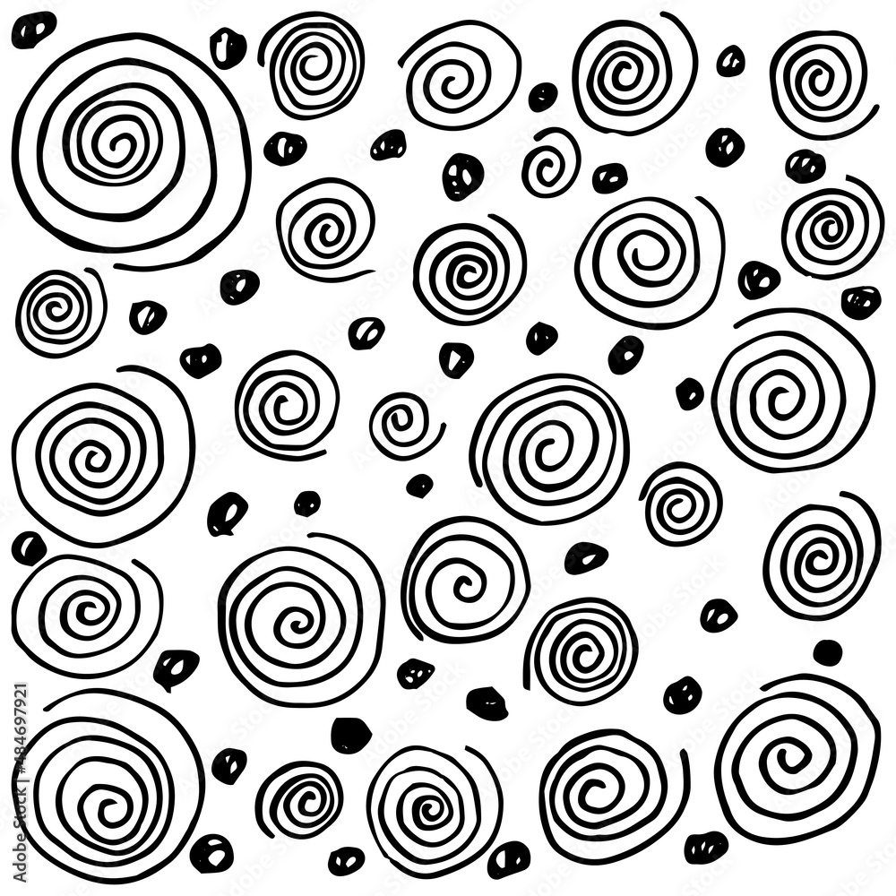 Rough black and white sketch of the geometric pattern with spirals and dots. Freehand vector outline drawing isolated on transparent background Rough black and white sketch of the geometric pattern with spirals and dots. Freehand vector outline drawing isolated on transparent background