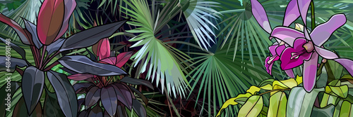 panoramic background of dense vegetation with beautiful tropical plants