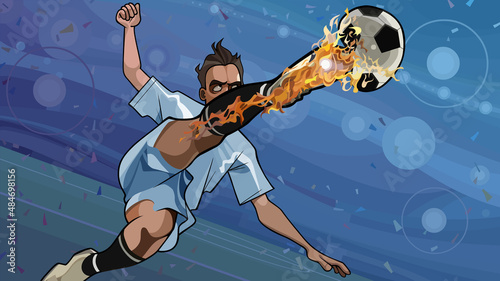 cartoon soccer player kicks a burning ball hard with his foot