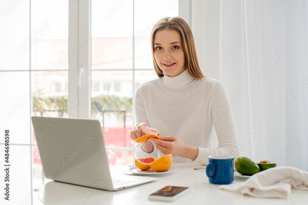 Young beautiful woman working with laptop at home in front of a large window with morning light Young beautiful woman working with laptop at home in front of a large window with morning light