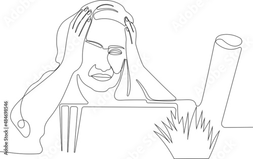 Continuous one line drawing of sad businesswoman in glasses standing outdoor with box of stuff. Vector illustration for your minimal design.