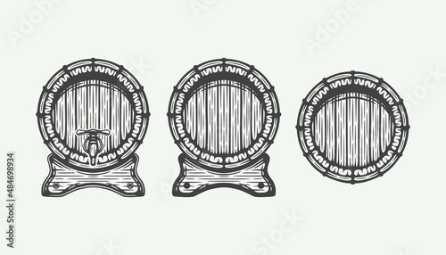 Set of vintage retro woodcut set of engraving beer wooden barrels. Can be used like emblem, logo, badge, label. mark, poster or print. Monochrome Graphic Art. Vector Illustration.