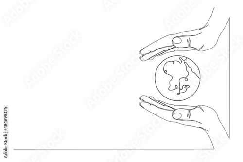 Continuous one line drawing. Hand holding Earth globe. Vector illustration.