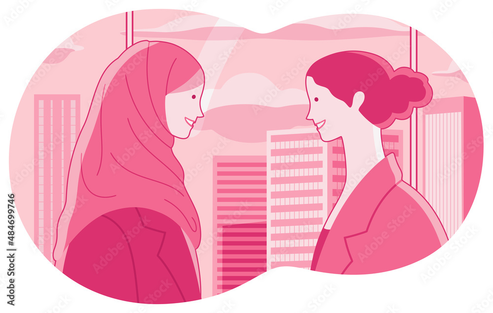 Monochromatic pink composition with two cheerful business women. Multicultural team with Muslim business woman in hijab. Window overlooking skyscrapers.
Monochromatic pink composition with two cheerful business women. Multicultural team with Muslim business woman in hijab. Window overlooking skyscrapers.