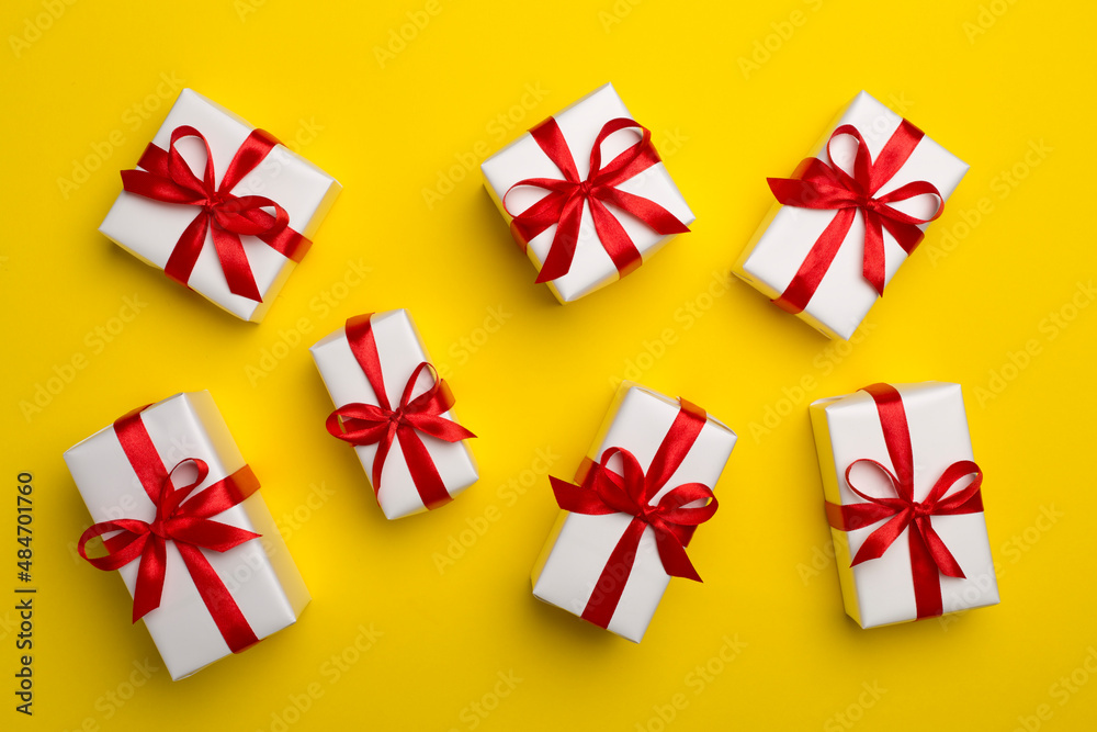 Top view of gift boxes on color background Top view of gift boxes on color background