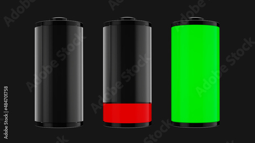 Charge icon on black background, battery is low. Charging progress. 3D Render.