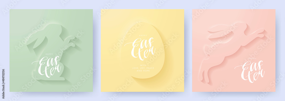 Happy Easter Set of greeting cards, posters, holiday covers, sale banners. Trendy design in paper cut style with bunny and egg silhouettes in monochrome soft pastel green, yellow, pink colors