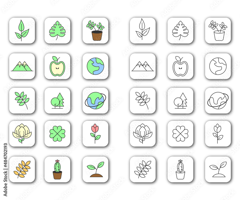 nature foliage botanical ecology drawing icons set. Set of linear nature icons. Landscape icons in simple design. Vector illustration