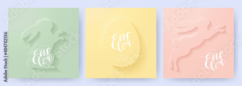 Happy Easter Set of greeting cards, posters, holiday covers, sale banners. Trendy design in paper cut style with bunny and egg silhouettes in monochrome soft pastel green, yellow, pink colors