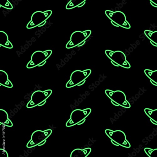 Saturn seamless pattern, bright vector illustration on black background.