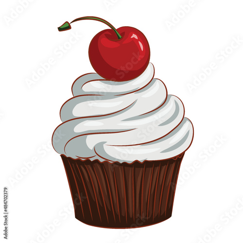 White cream cupcake with chocolate bisquit and cherry on top in hand drawn vector style