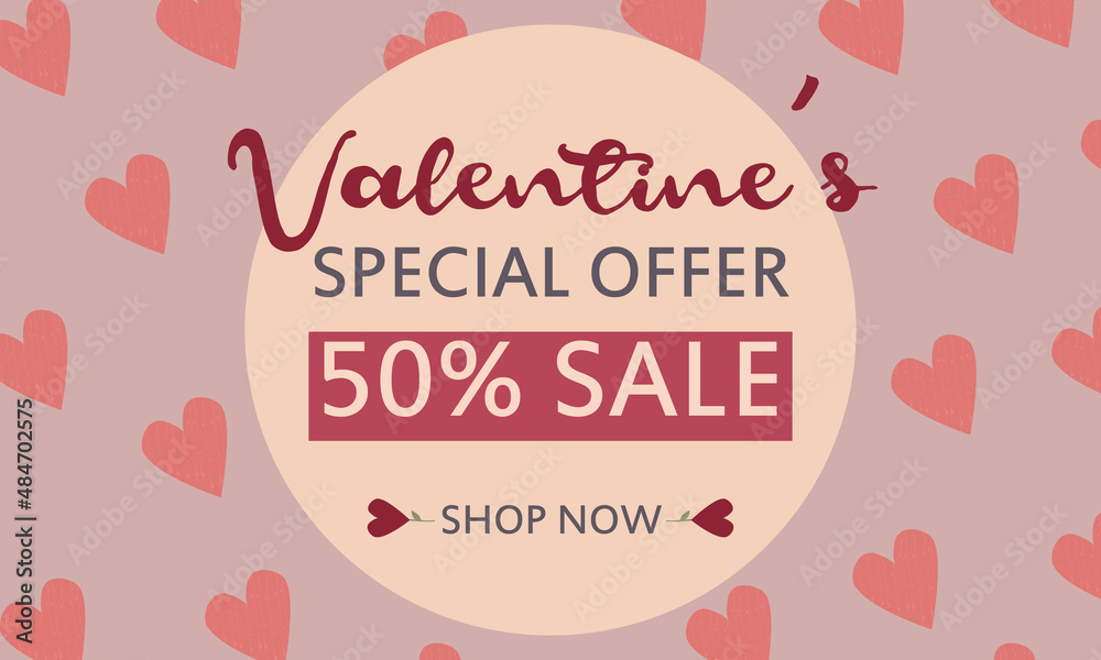 Valentine's day offer horizontal banner with hearts pattern background in red and pink colors. Vectored in flat style. With the text Special Offer 50% sale and Shop now.  14th february flyer.