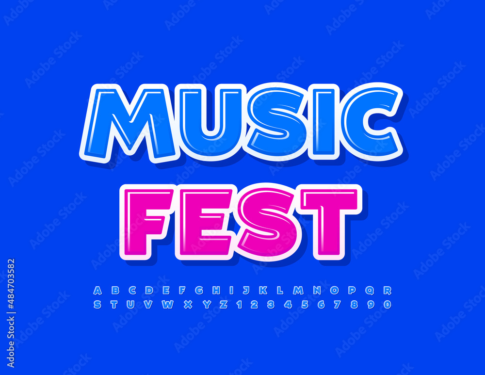 Vector event flyer Music Fest. Blue glossy Font. Creative trendy Alphabet Letters and Numbers set