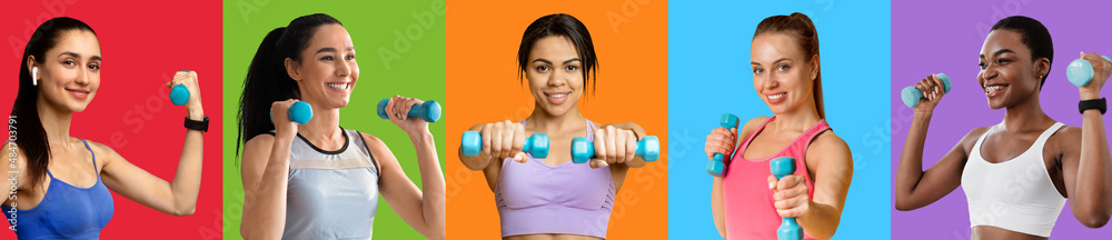 Multiracial young fit women holding dumbbells, wearing nice sportswear Multiracial young fit women holding dumbbells, wearing nice sportswear
