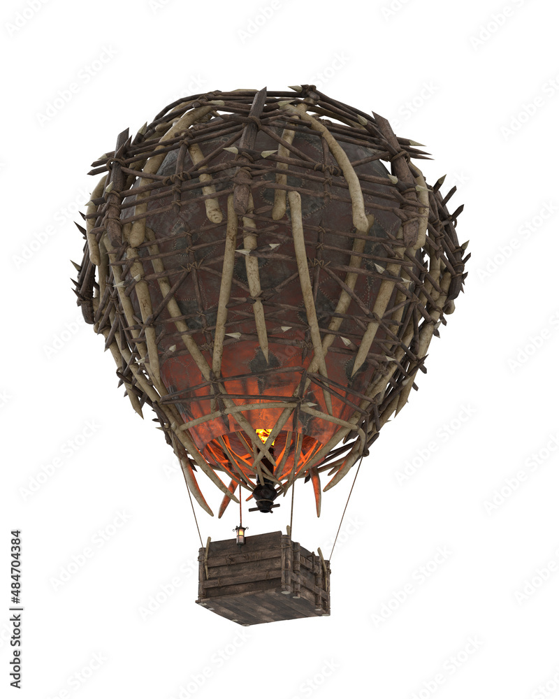 Fantasy medieval hot air balloon made of wood, animal skin and bone, seen  from below. 3D illustration isolated on white background. Stock  Illustration | Adobe Stock