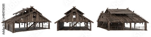 3 views of an old medieval wooden barn building. 3D illustration isolated on white background.