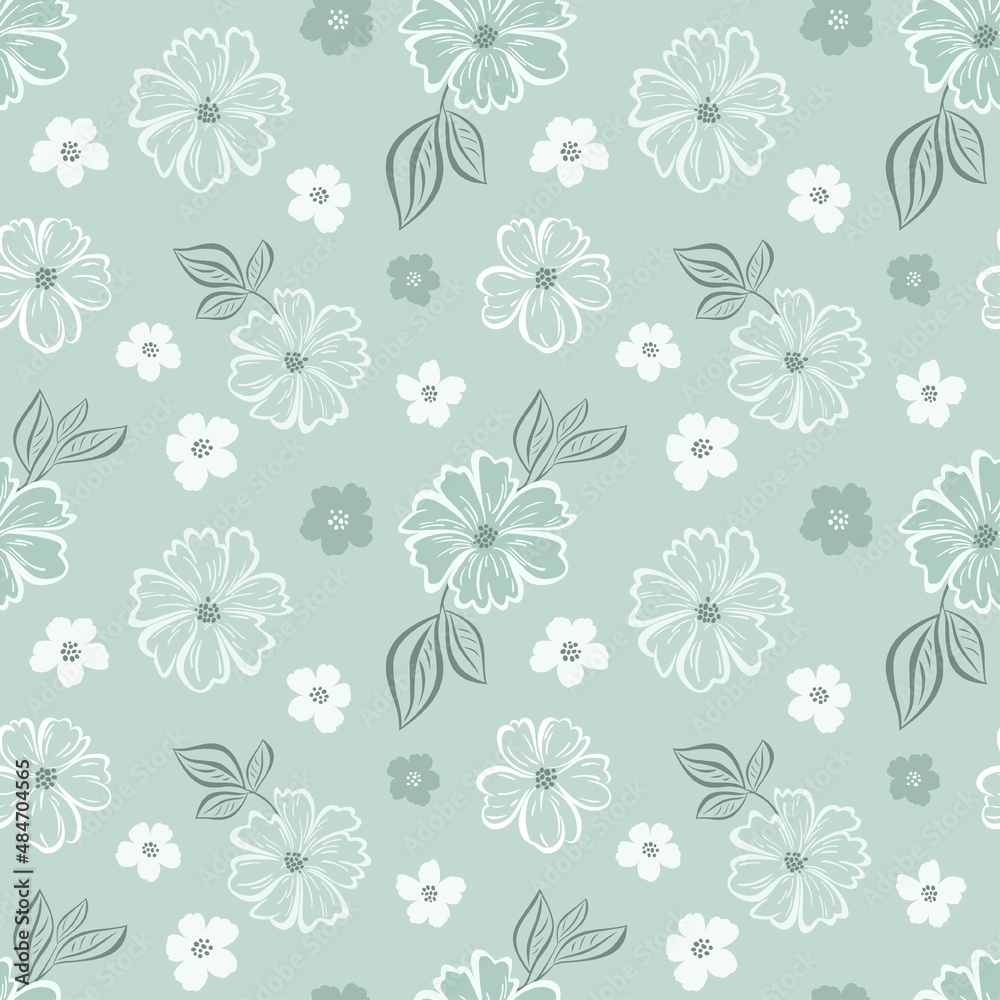 Floral seamless pattern with mallow flower on light turquoise background for fabric, wrapping paper, scrapbooking, textile, banner and other design.