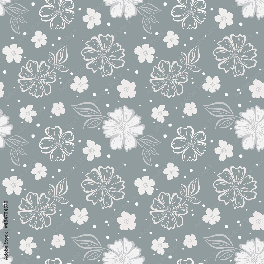 Floral seamless pattern with mallow flower in gray colors.