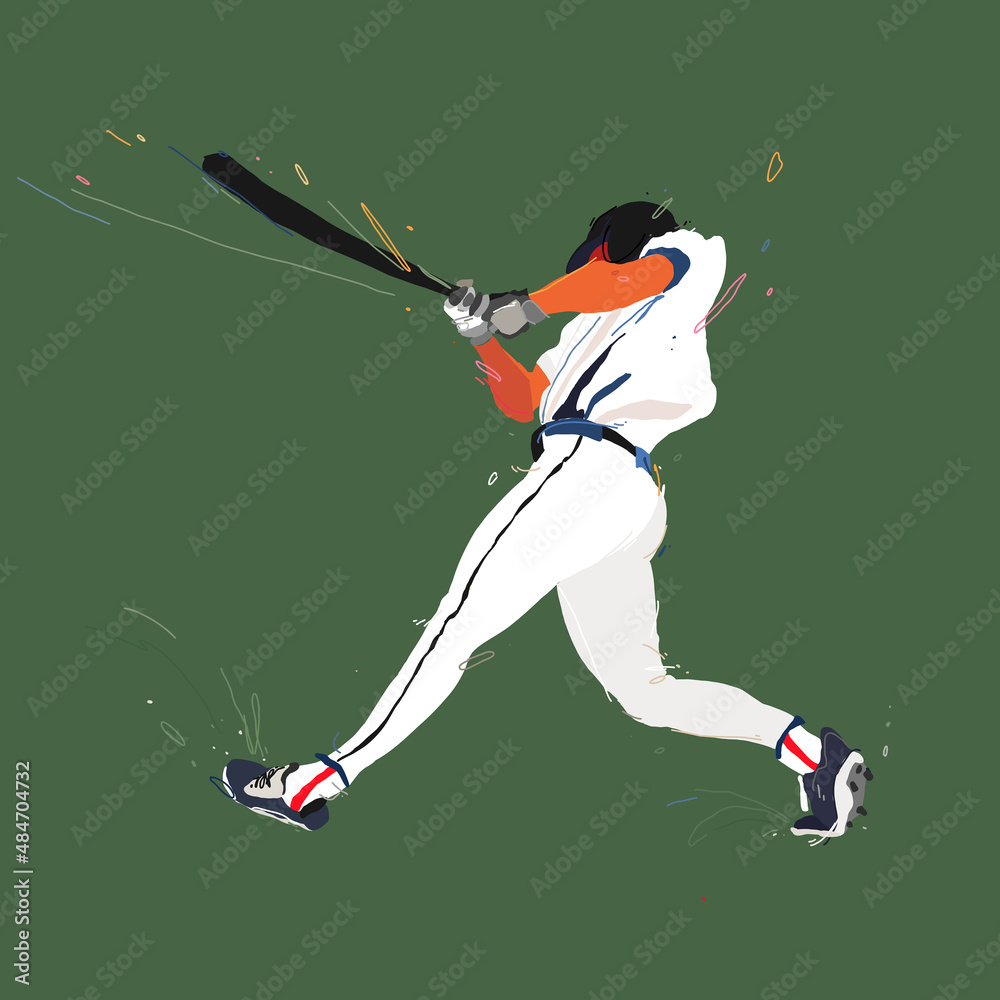 A baseball player hits the ball with a bat. Baseball player in action. Hand drawn vector illustration