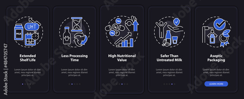 Advantages of UHT milk night mode onboarding mobile app screen. Walkthrough 5 steps graphic instructions pages with linear concepts. UI, UX, GUI template. Myriad Pro-Bold, Regular fonts used