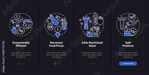 Advantages of gmo night mode onboarding mobile app screen. Food issues walkthrough 4 steps graphic instructions pages with linear concepts. UI, UX, GUI template. Myriad Pro-Bold, Regular fonts used