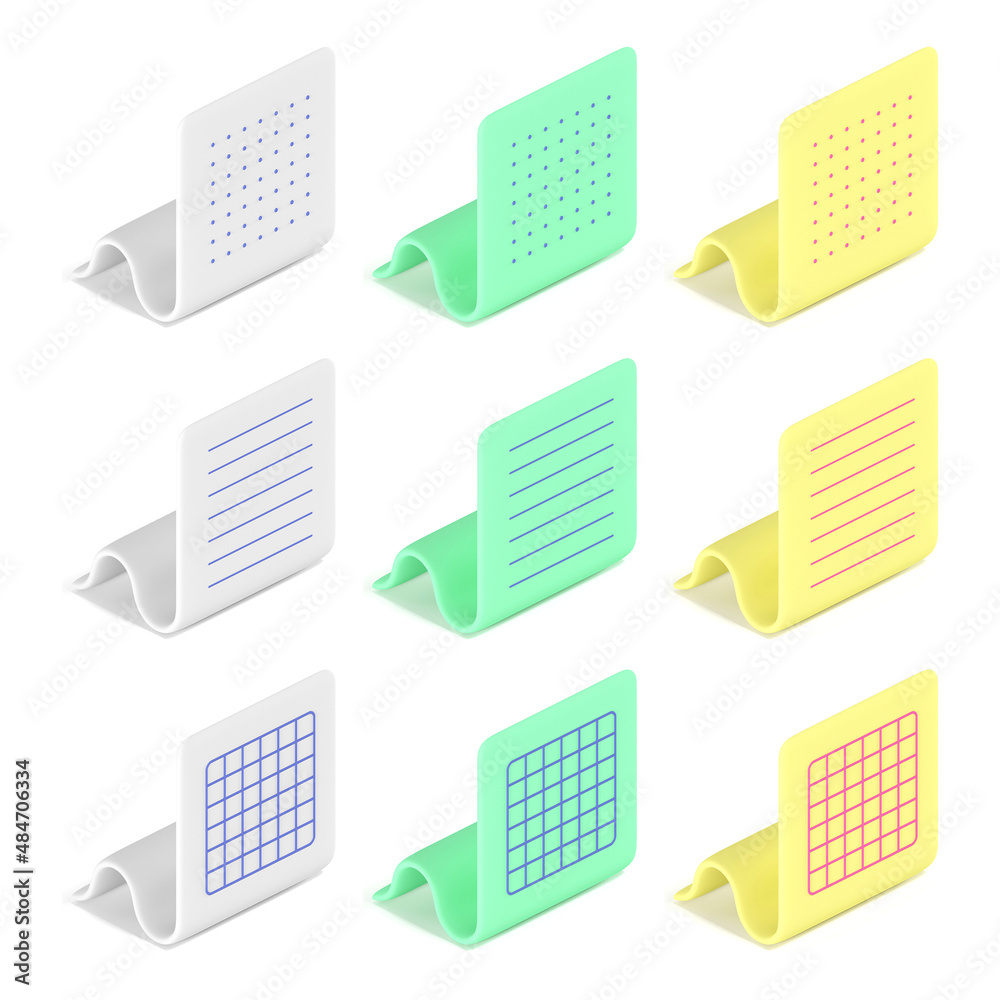 3D image of a collection of isolated icons with curved sheets of paper of different types and colors on a white background