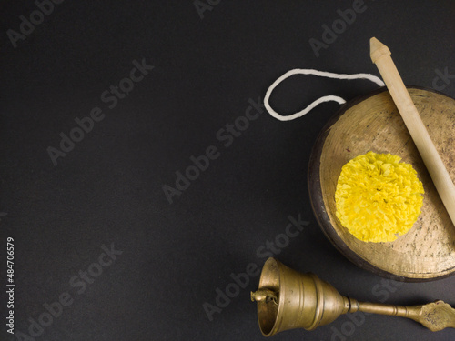 puja essentials kashor and ghanta, puja bell or gong bell made of brass used in hindu rituals. these are used in durga , saraswati , kali , laxmi puja, shivaratri. photo