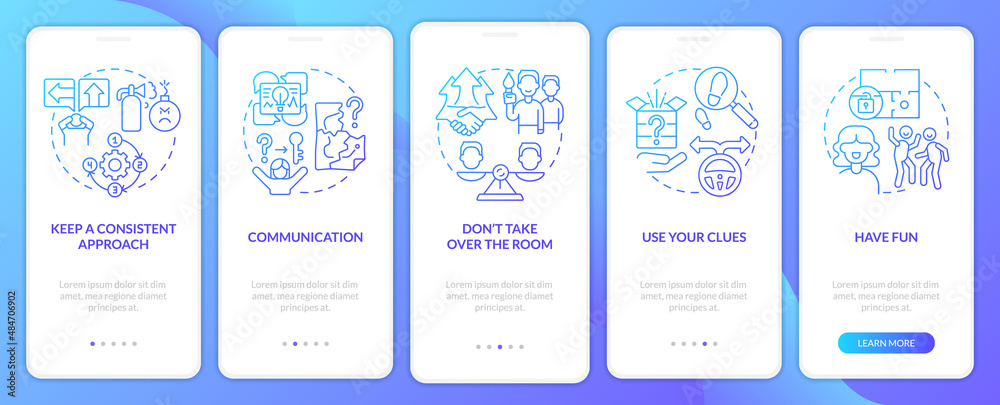 Escape room action plan blue gradient onboarding mobile app screen. Walkthrough 5 steps graphic instructions pages with linear concepts. UI, UX, GUI template. Myriad Pro-Bold, Regular fonts used Escape room action plan blue gradient onboarding mobile app screen. Walkthrough 5 steps graphic instructions pages with linear concepts. UI, UX, GUI template. Myriad Pro-Bold, Regular fonts used