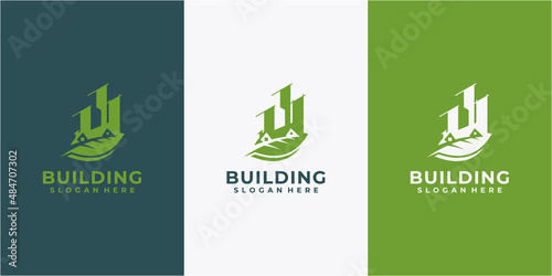 building leaf logo design inspiration. green leaf building logo design concept