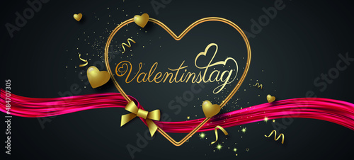 karte oder banner am valentinstag in gold in einem herzen aus goldfarbe auf schwarzem hintergrund mit einem roten band mit pailletten, schleifen, herzen, luftschlangen