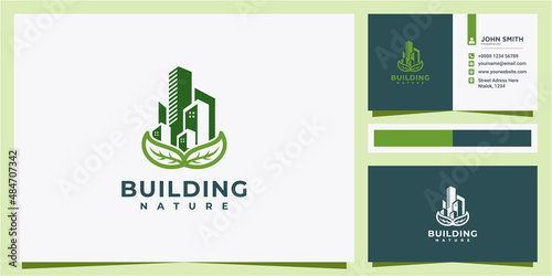 eco green building leaf logo design concept. building nature logo design with business card