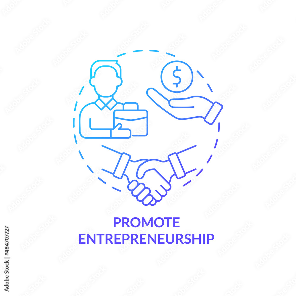 Promote entrepreneurship blue gradient concept icon. Encourage business. Market economy pros abstract idea thin line illustration. Isolated outline drawing. Myriad Pro-Bold fonts used Promote entrepreneurship blue gradient concept icon. Encourage business. Market economy pros abstract idea thin line illustration. Isolated outline drawing. Myriad Pro-Bold fonts used